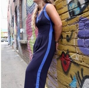 Anthropologie Elevenses Jumpsuit 10 Beca Blue Colorblock Wide Leg Copped Cut Out